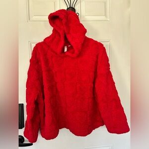 Cozy Red Hooded Plush Heart-Pattern Pullover